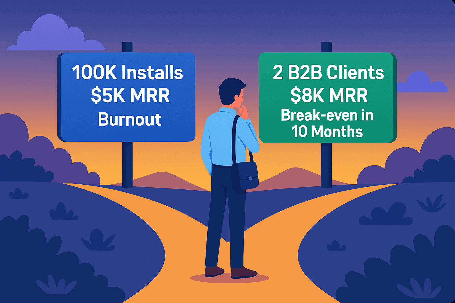 Startup founder at a crossroads choosing between mass B2C and focused B2B monetization