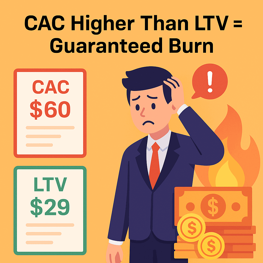 Illustration of CAC defeating LTV in a boxing match showing startup burn risk