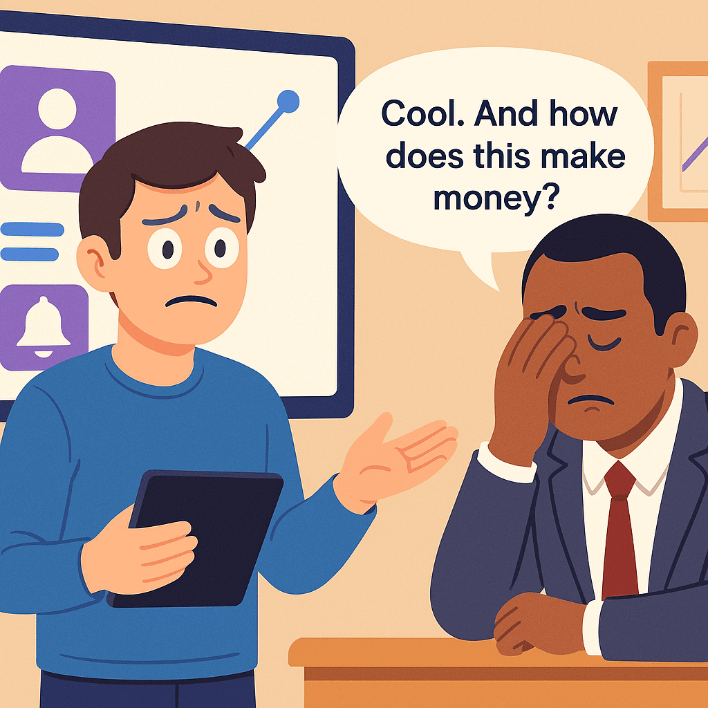 Investor reacting to a pitch with no monetization model during a startup presentation