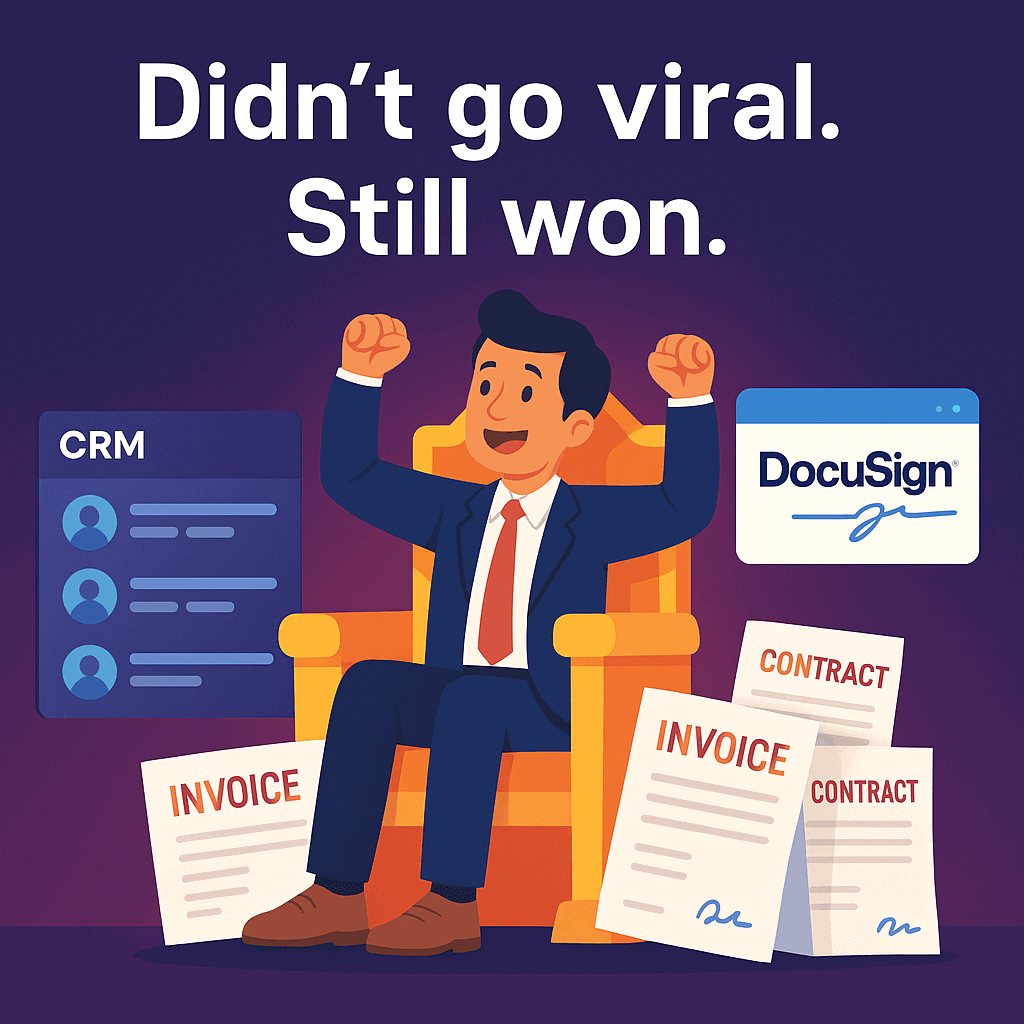 Startup founder celebrating B2B success without going viral, sitting on a throne of paid invoices