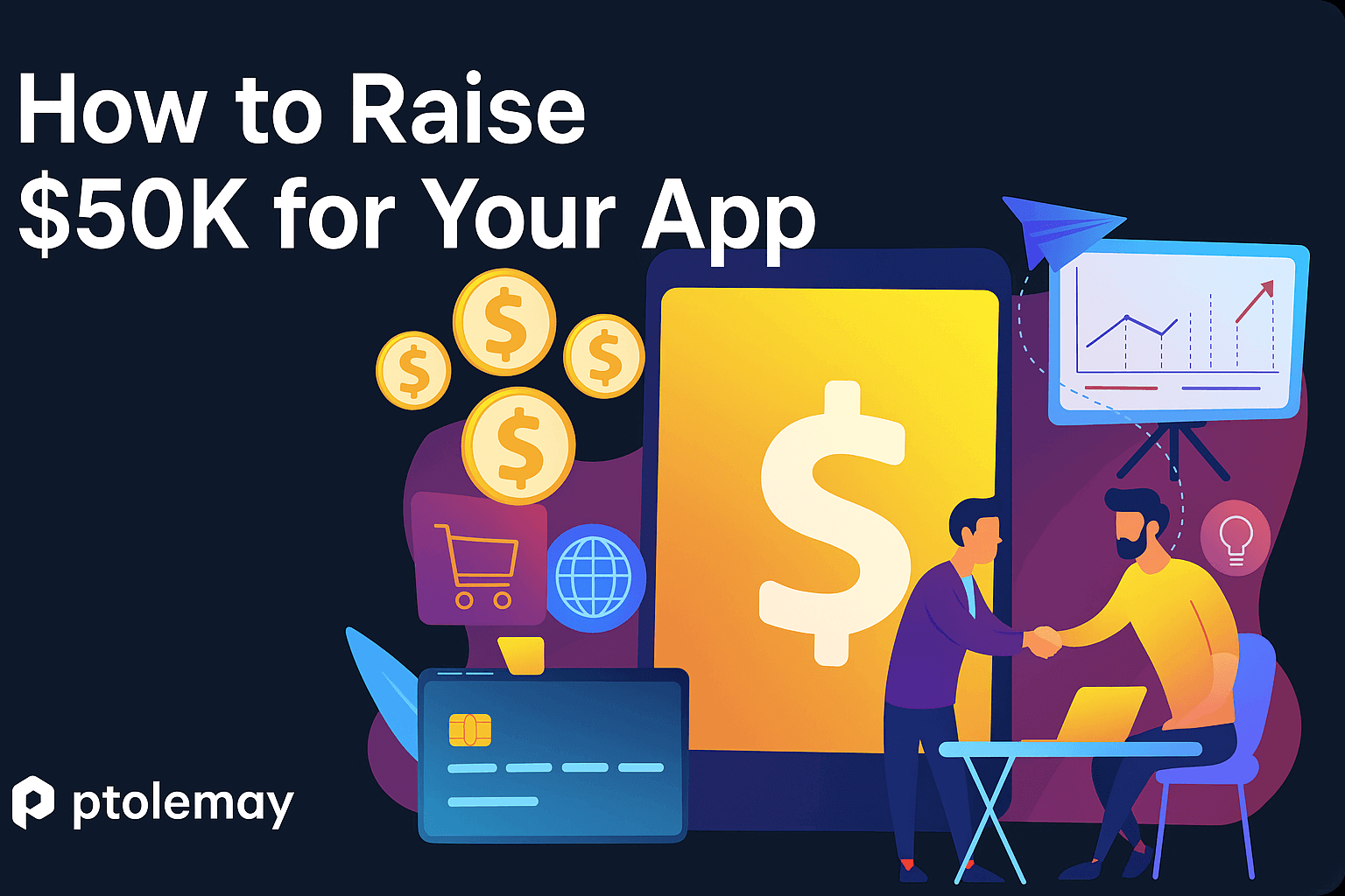 Startup founder pitching to investor with text 'How to Raise $50K for Your App' — flat illustration by Ptolemay showing funding process and handshake scene