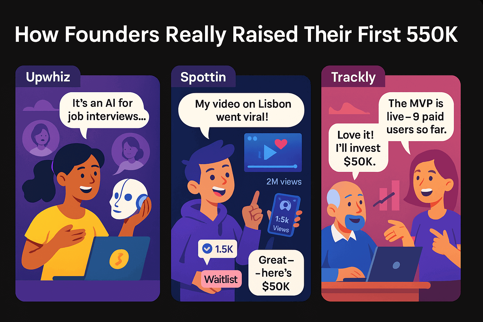 Comic-style illustration showing three real startup founders raising $50K for app development through waitlists, demos, and early user traction.