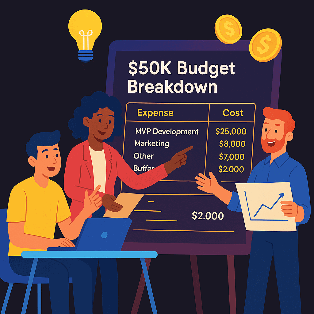 Illustration of startup founders preparing a $50K pitch deck for investors in 2025, with checklist points on clear ask, lean budget, clickable prototype, early traction, and founder mindset