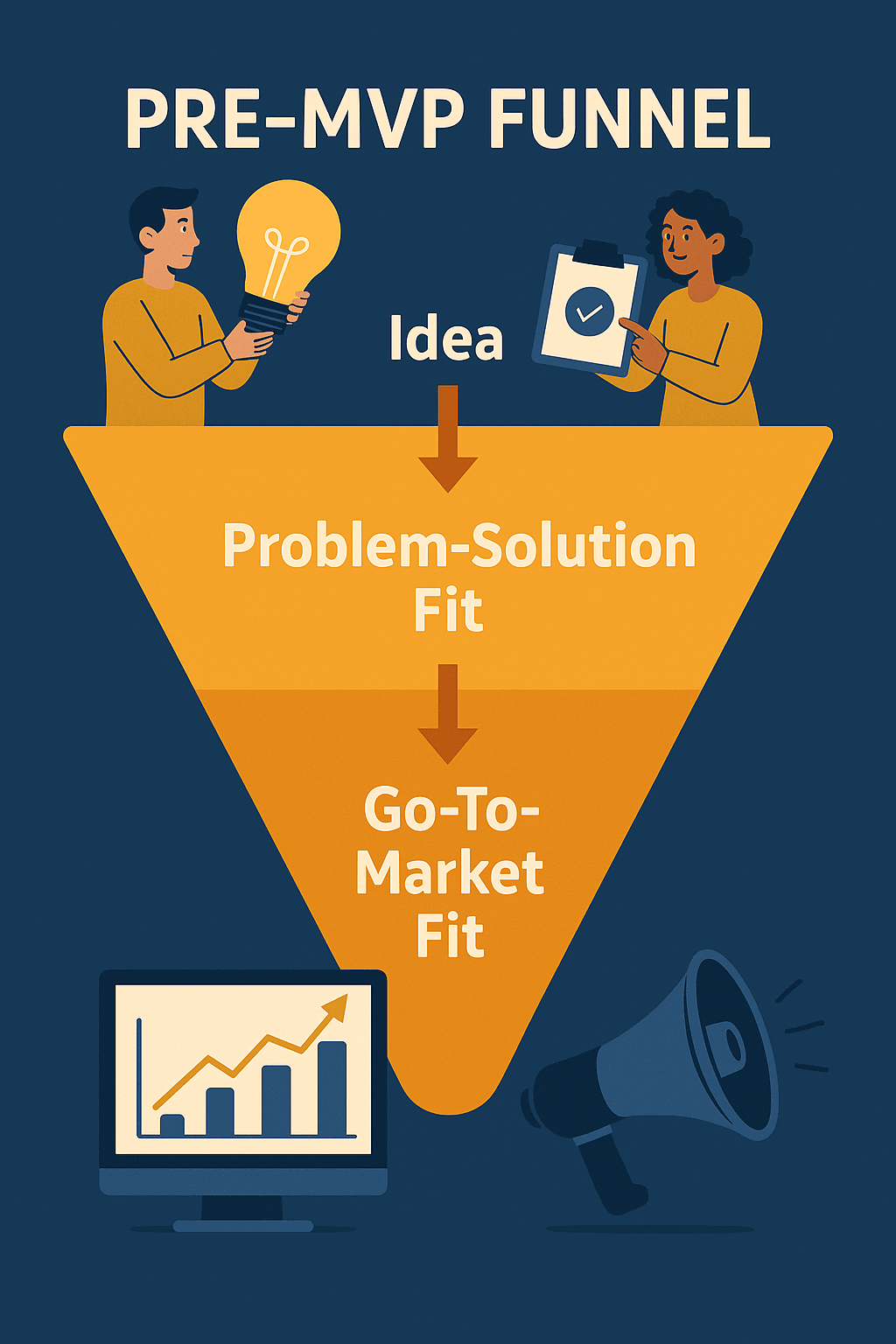 Pre-MVP funnel infographic showing steps to validate an app idea: problem discovery, landing page, interest capture, and pre-sales
