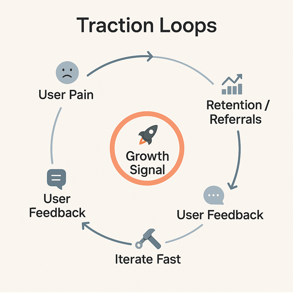 Startup traction loop infographic showing growth flywheel: user pain, MVP launch, feedback, iteration, retention, referrals, and growth signal