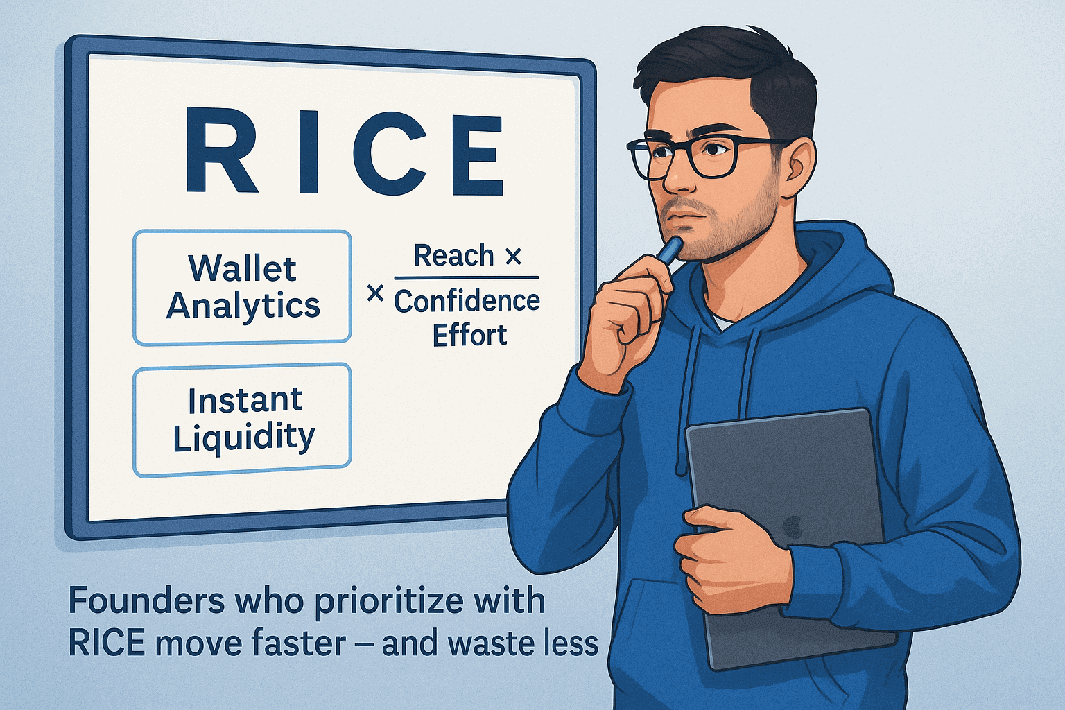 Startup founder prioritizing features using RICE method on whiteboard