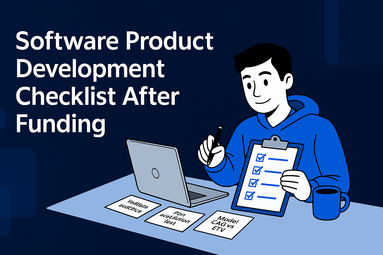 Startup founder planning product development after funding, sitting with laptop and checklist, dark blue tech background
