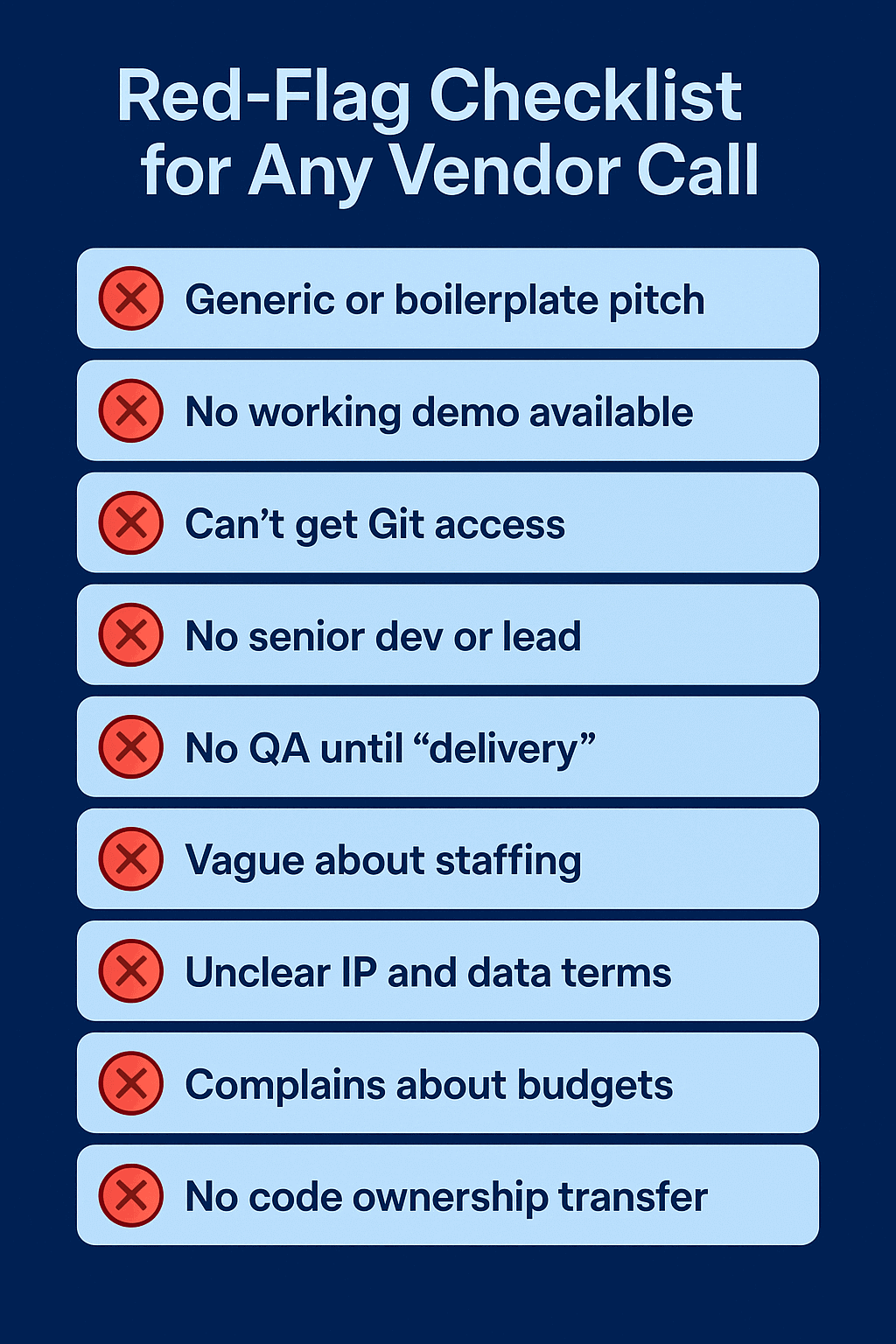 Checklist of warning signs for remote development vendors, helping startup founders avoid quality and communication issues