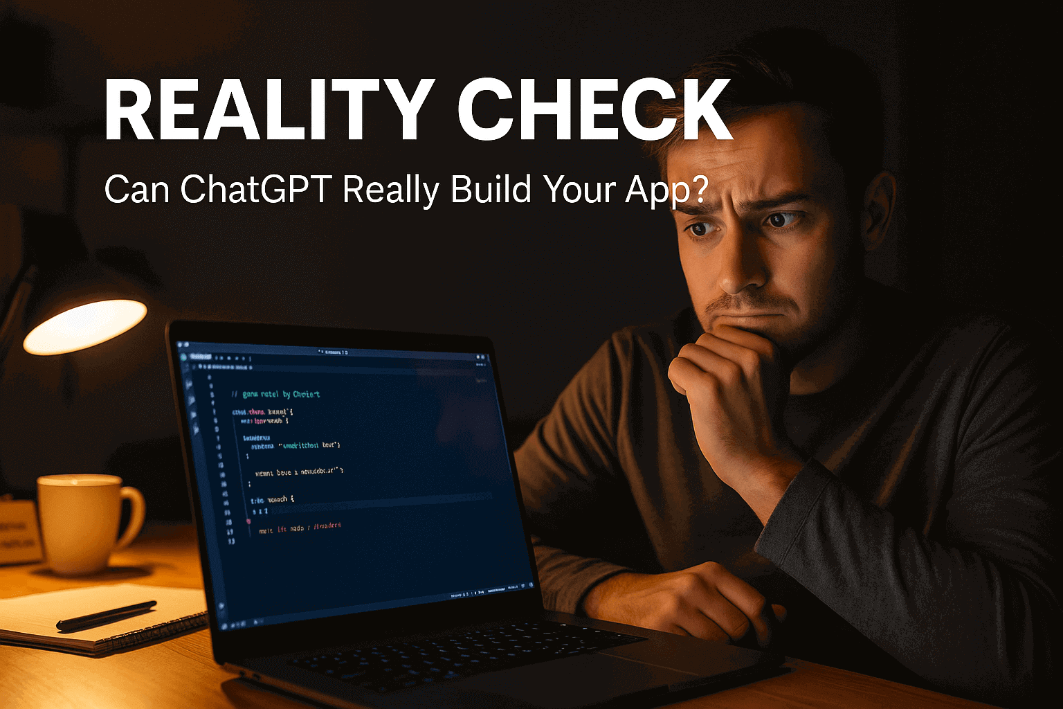Startup founder looking at AI-generated code on laptop with a bug error highlighted, under the headline 'Reality Check — Can ChatGPT Really Build Your App?'