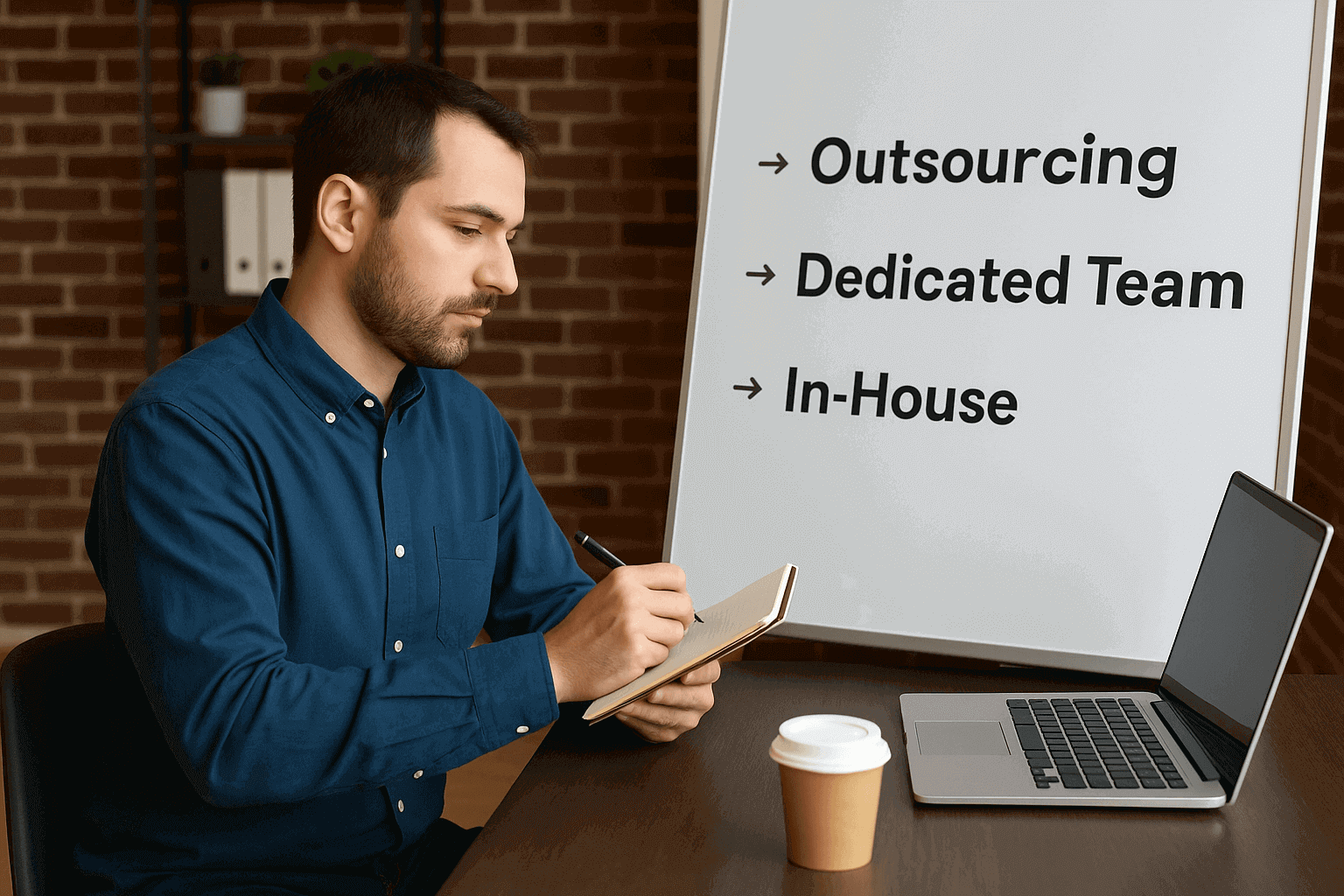 Founder comparing outsourcing, dedicated team, and in-house software development models