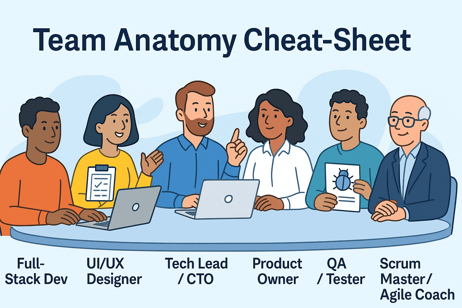 Agile software development team anatomy cheat-sheet showing core roles: Full-Stack Dev, UI/UX Designer, Tech Lead, Product Owner, QA/Tester, and Scrum Master.