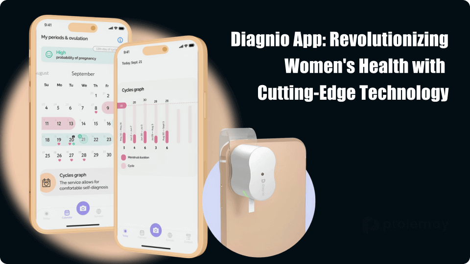 Diagnio women’s health tracking app interface on iPhone alongside smart sensor device — Ptolemay case study
