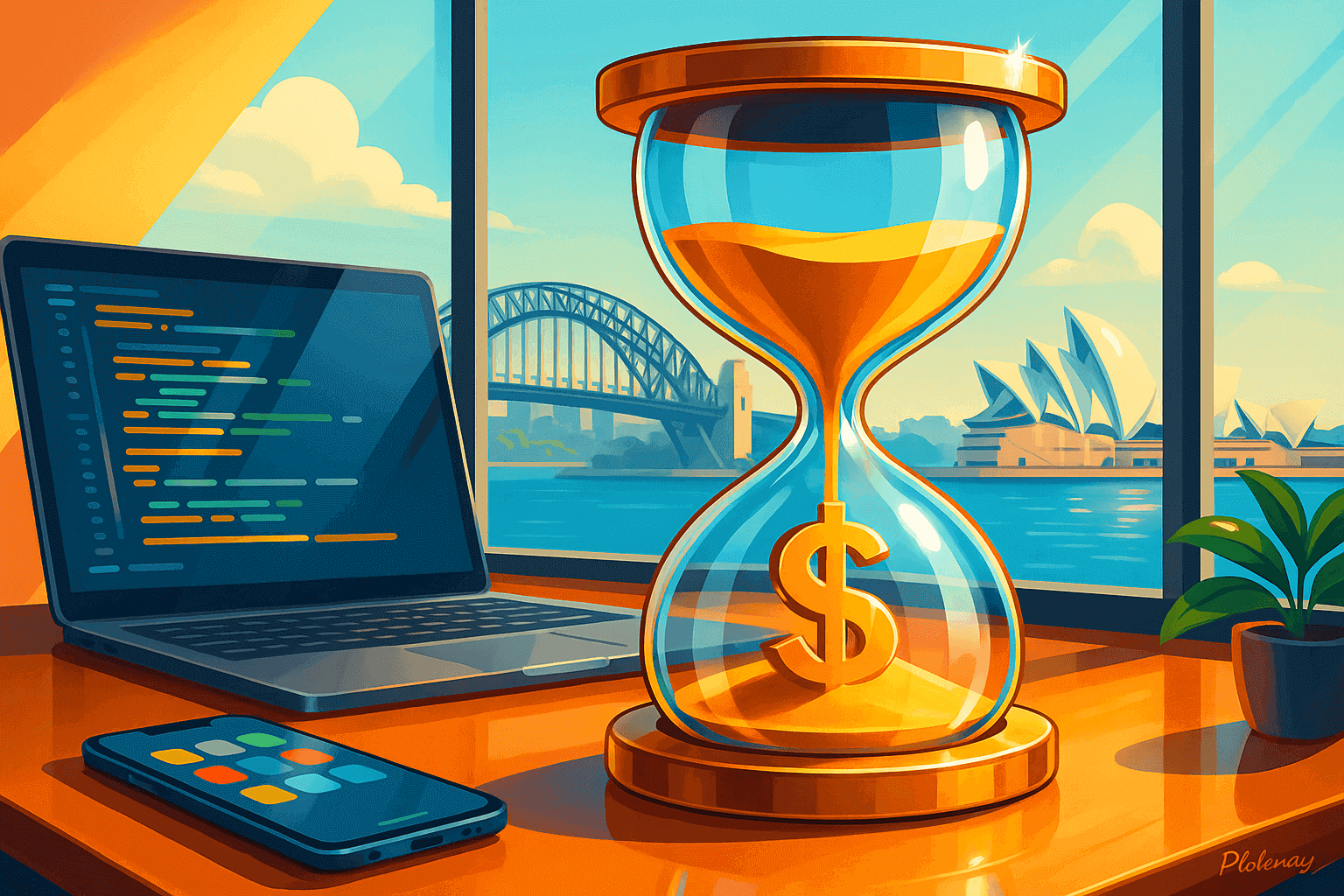 Glossy hourglass symbolizing app development costs and timeline delays in Australia with Sydney skyline in the background