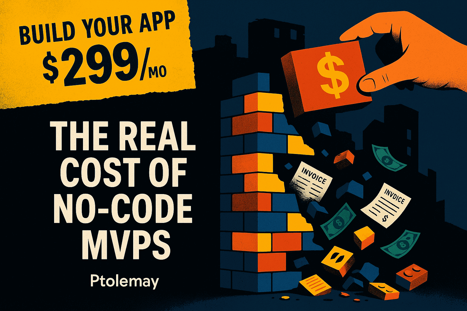The Real Cost of No-Code MVPs cover illustration — showing collapsing no-code stack with invoices and hidden costs (Ptolemay)