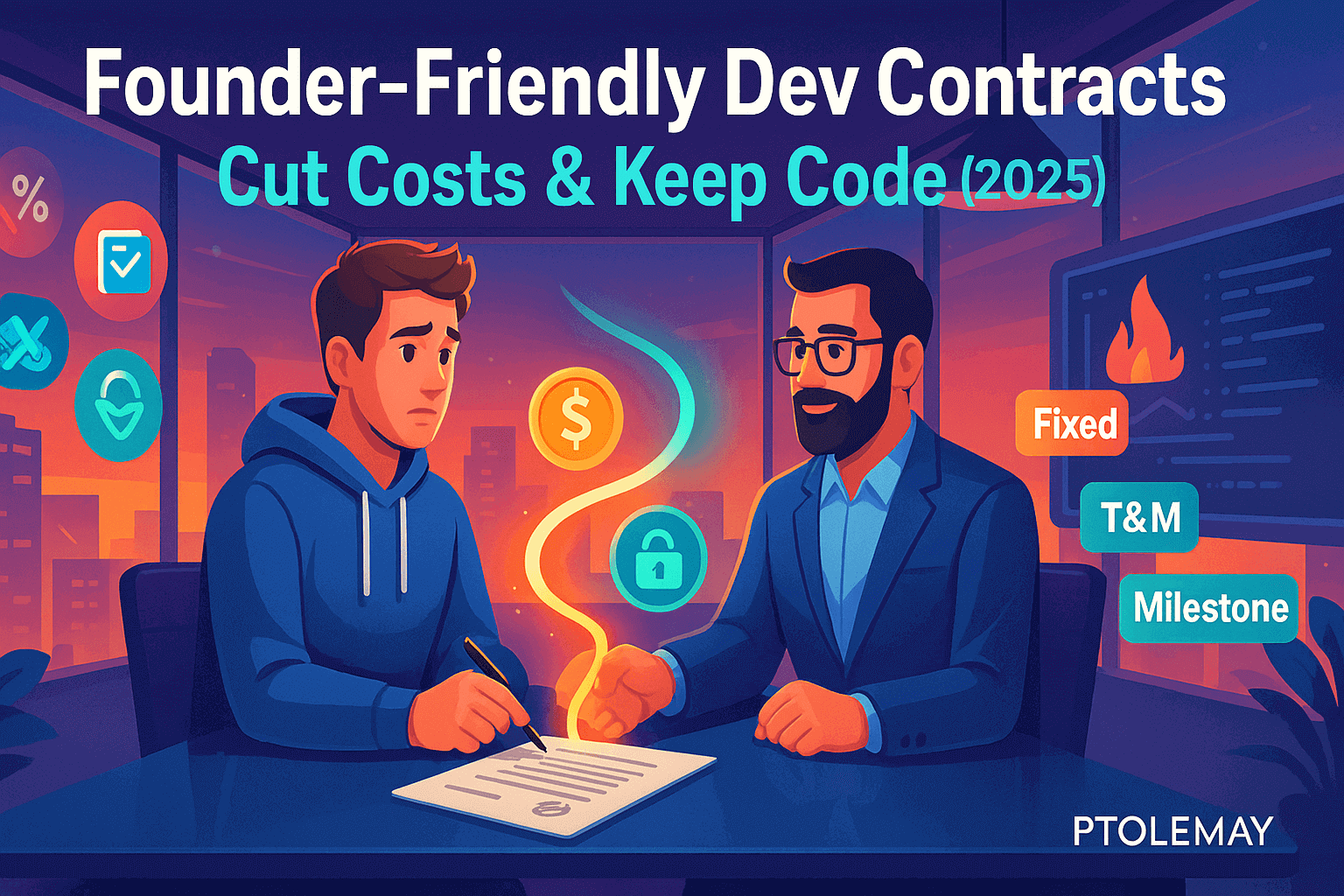Startup founder signing a software development contract with a developer, surrounded by icons for Fixed, T&M, and Milestone models, at sunset city backdrop.