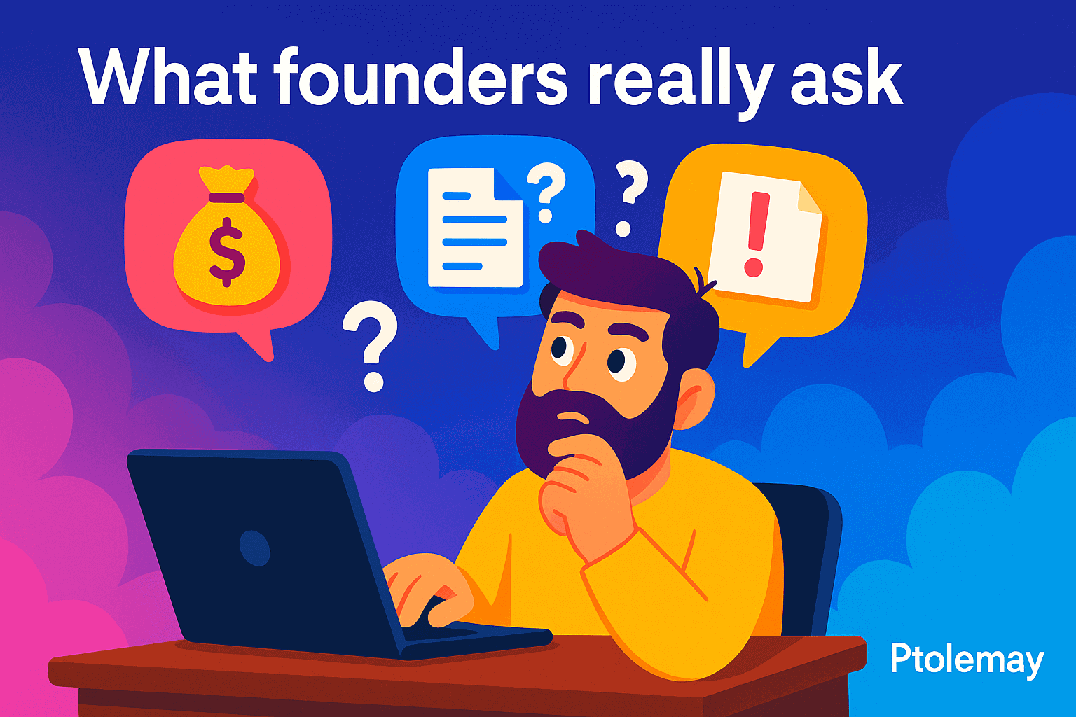 Bearded startup founder thinking at a desk with a laptop, surrounded by question icons about budget, scope, and legal risks.