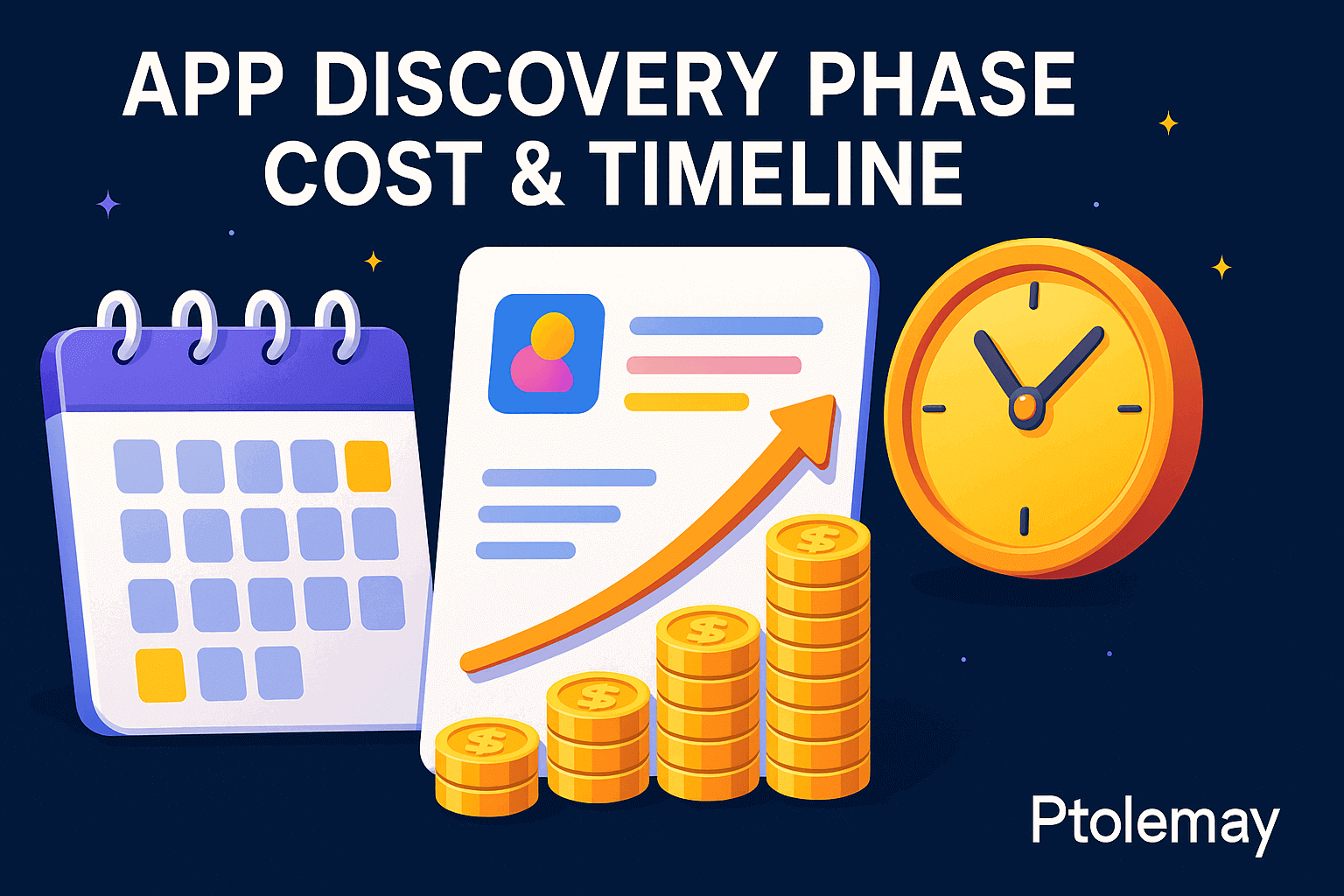 App discovery cost and timeline visualized with calendar, roadmap, and budget graph