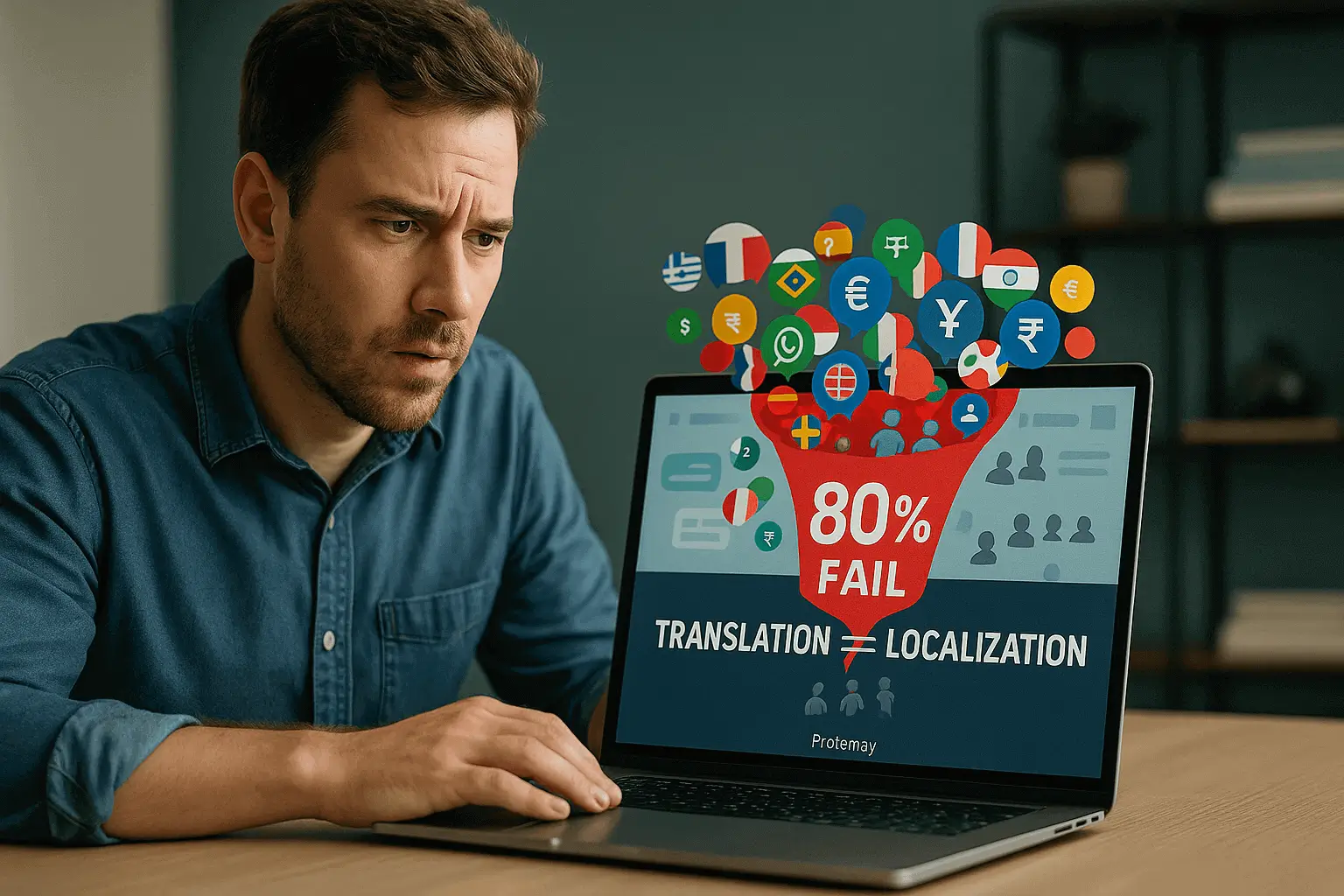  Photorealistic scene: worried SaaS founder at desk, laptop shows red funnel “80 % FAIL – Translation ≠ Localization”