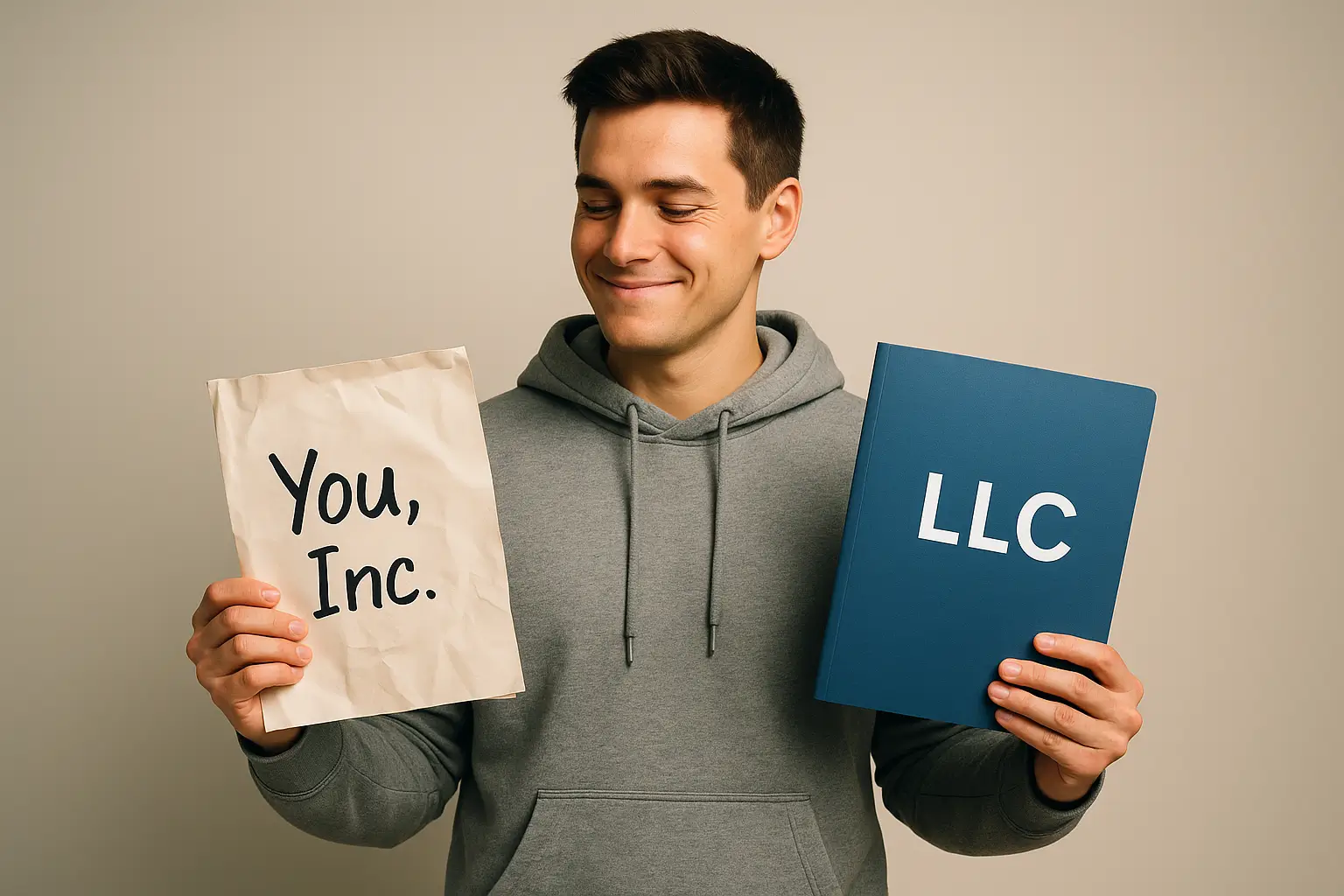 Young developer comparing a crumpled “You, Inc.” folder with a clean blue “LLC” folder