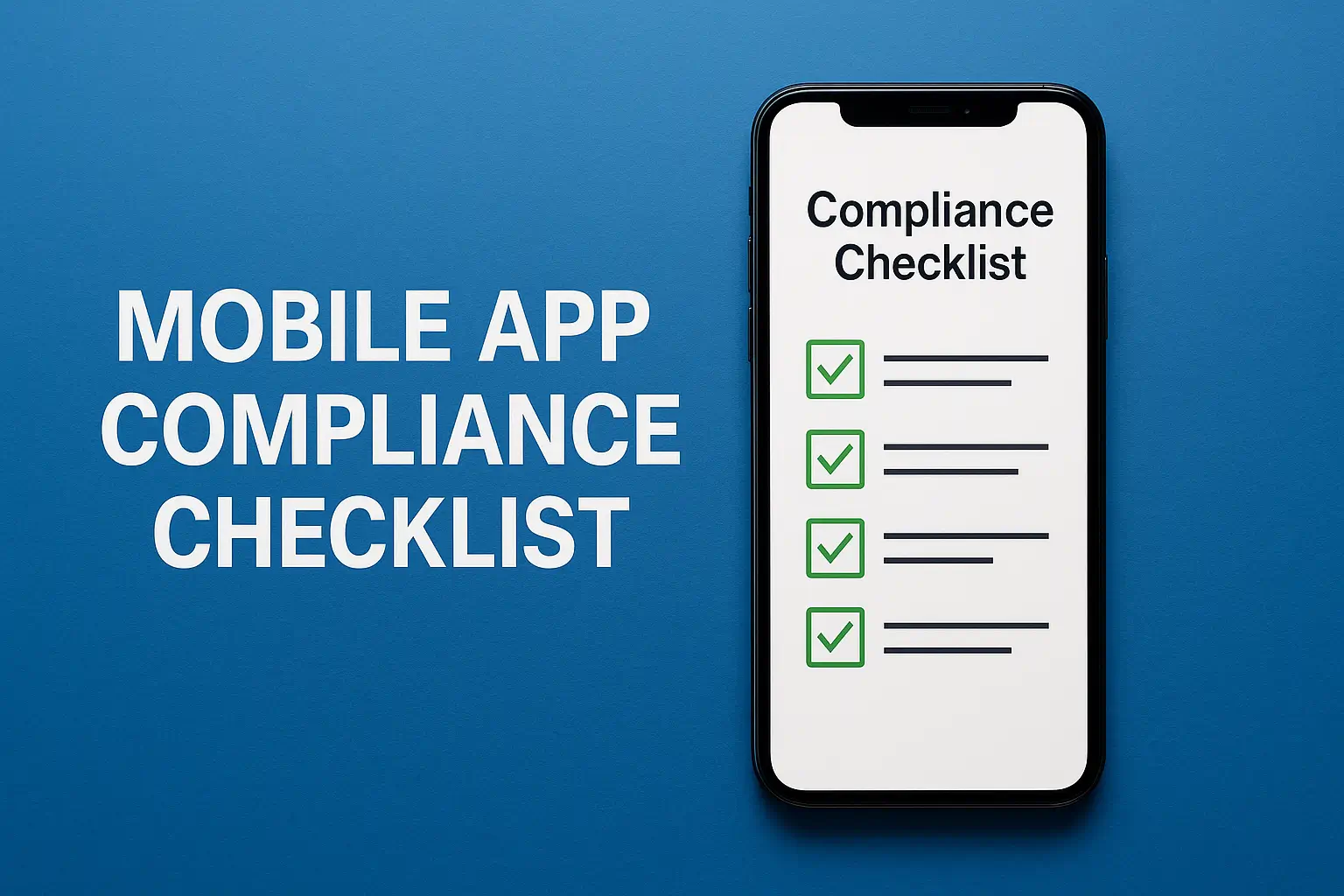 Smartphone displaying a “Mobile App Compliance Checklist” with green check-marks on a blue background
