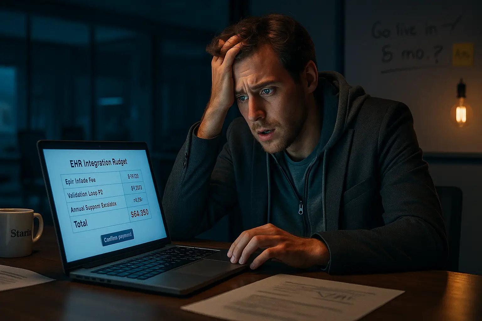 Stressed startup founder in a dark coworking space looking at a laptop that shows unexpected EHR integration fees and a $64,350 total budget overrun