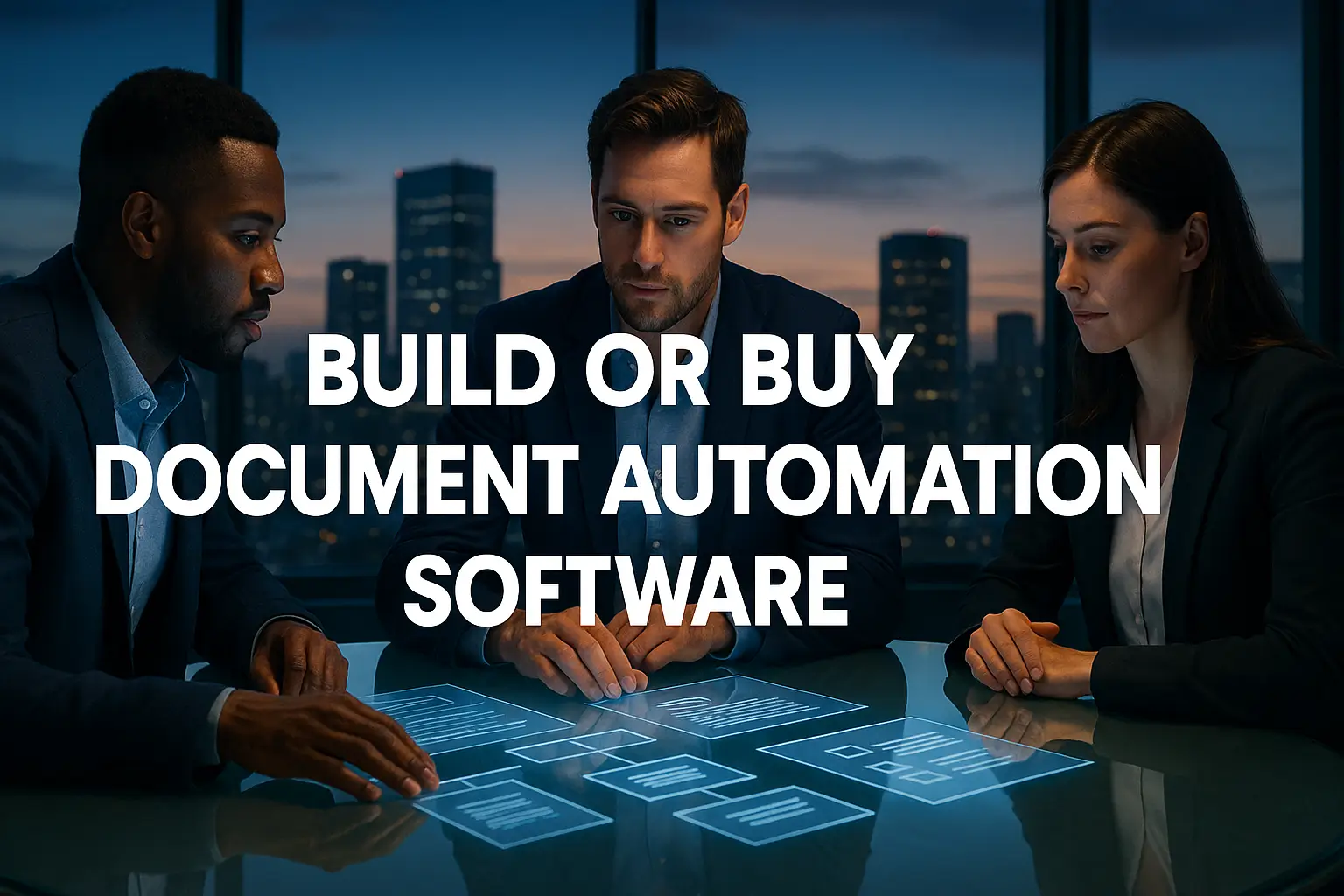 FinTech startup team reviewing holographic workflows at sunset, illustrating the build-or-buy decision for document automation software