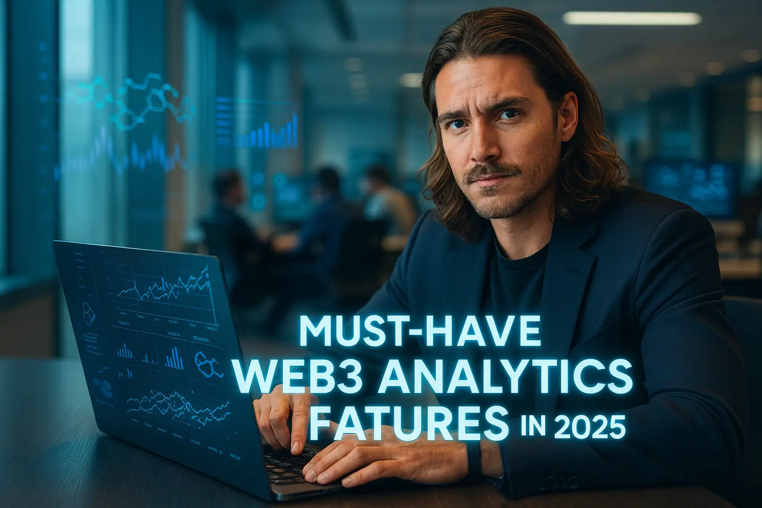 Confident Web3 analytics expert in a modern office analyzing blockchain data on a holographic laptop screen, with glowing headline “Must-Have Web3 Analytics Features in 2025” in front. 