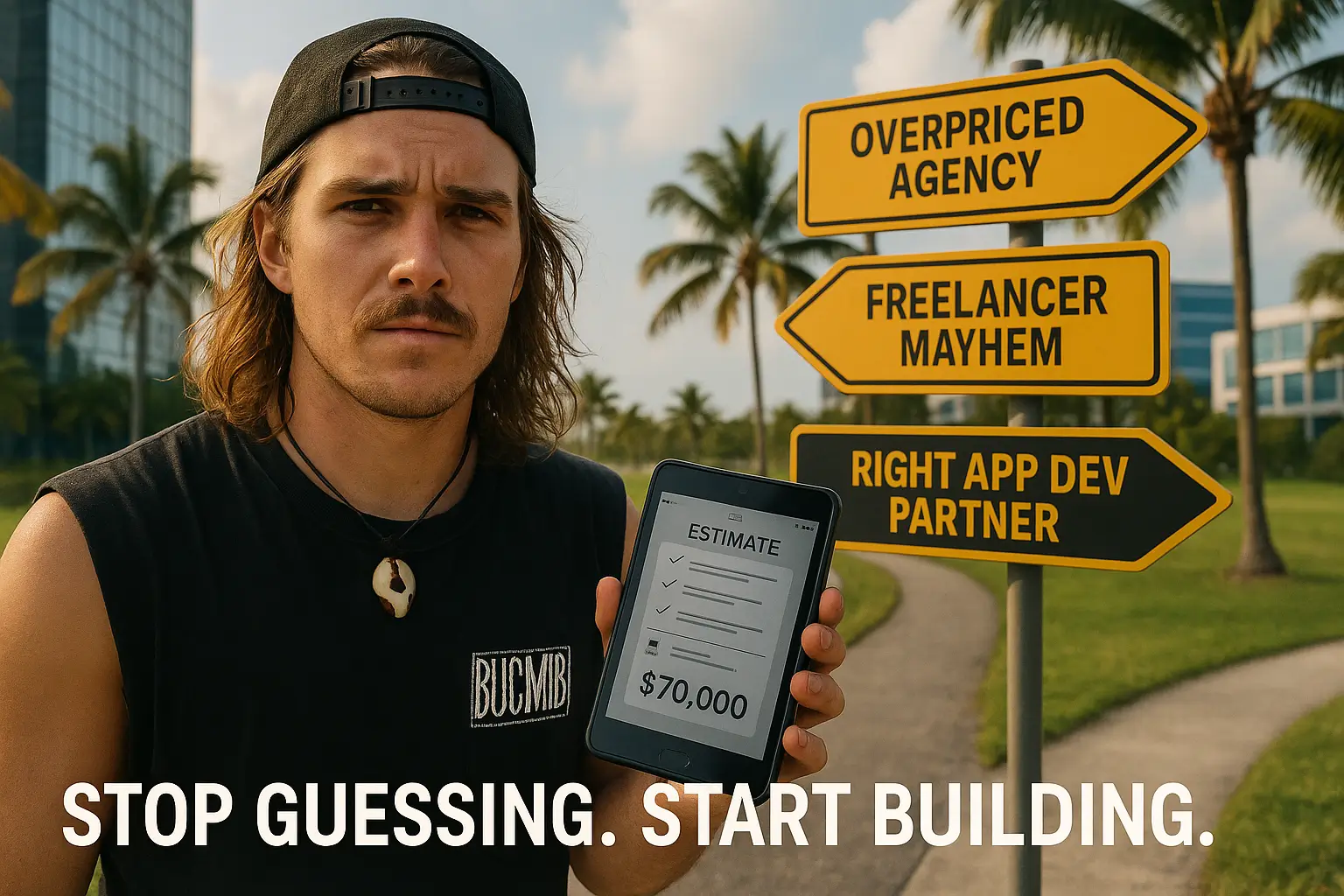 Real startup founder making a decision at a crossroads, holding a tablet with an app cost calculator, facing multiple options for app development partners in 2025