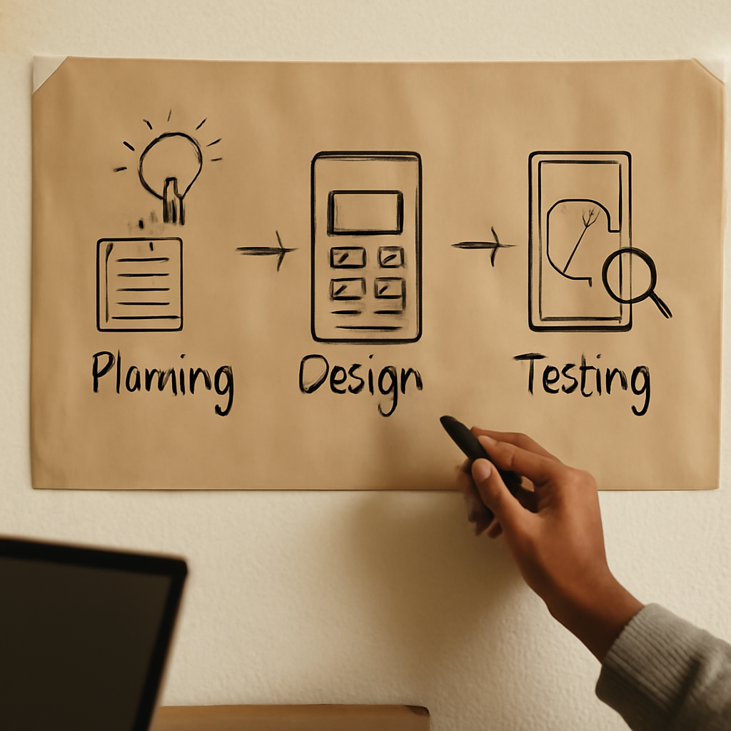 mobile app development process diagram showing planning, design, and testing stages