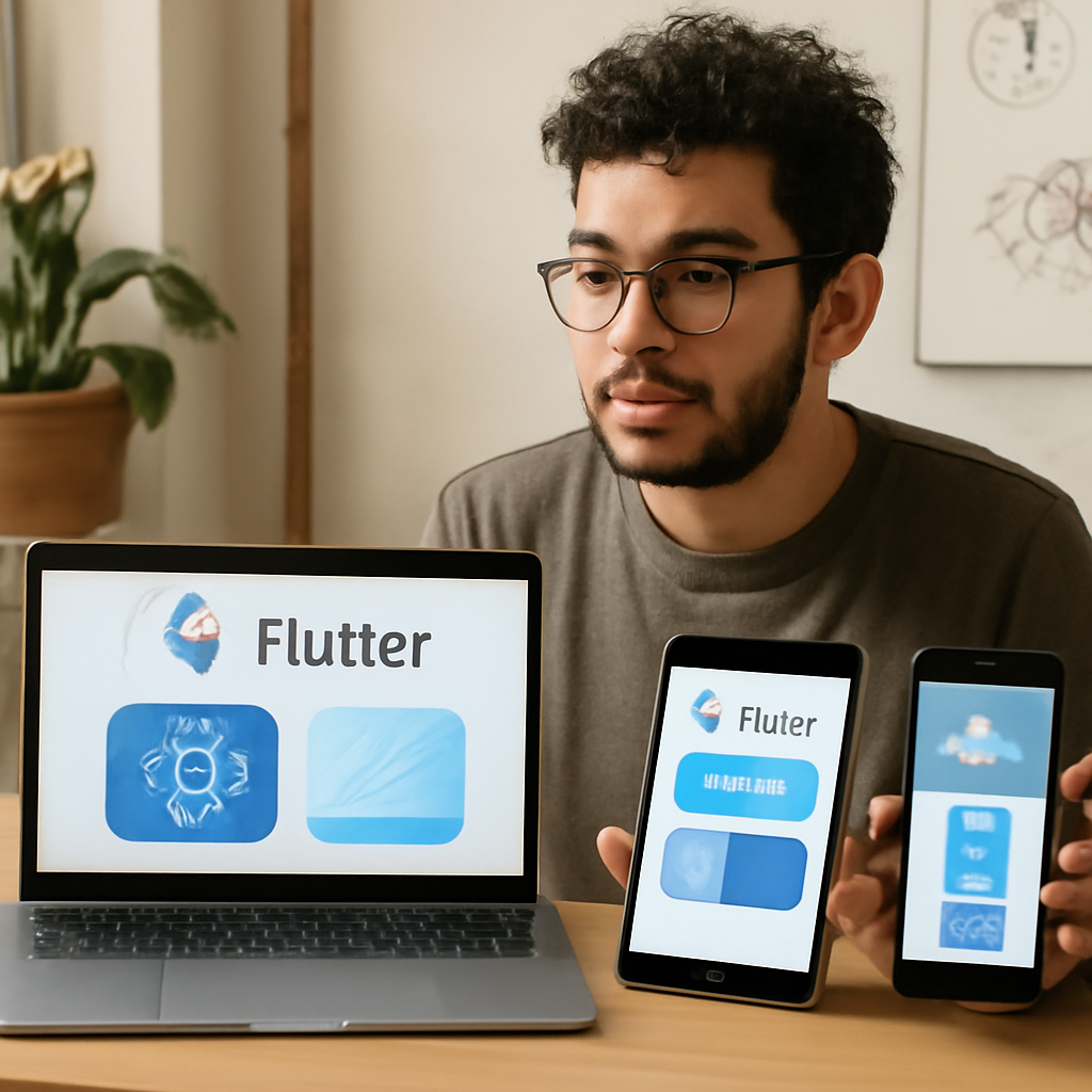 developer showcasing Flutter app interface on multiple devices