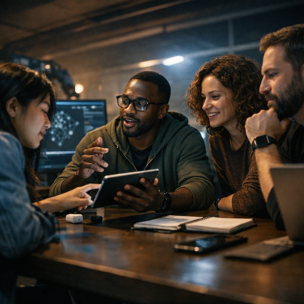 developers collaborating in a meeting to discuss mobile app design
