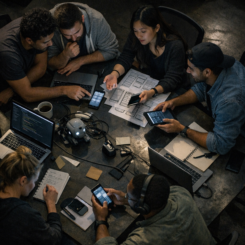 developers collaborating on mobile app prototypes in a modern office