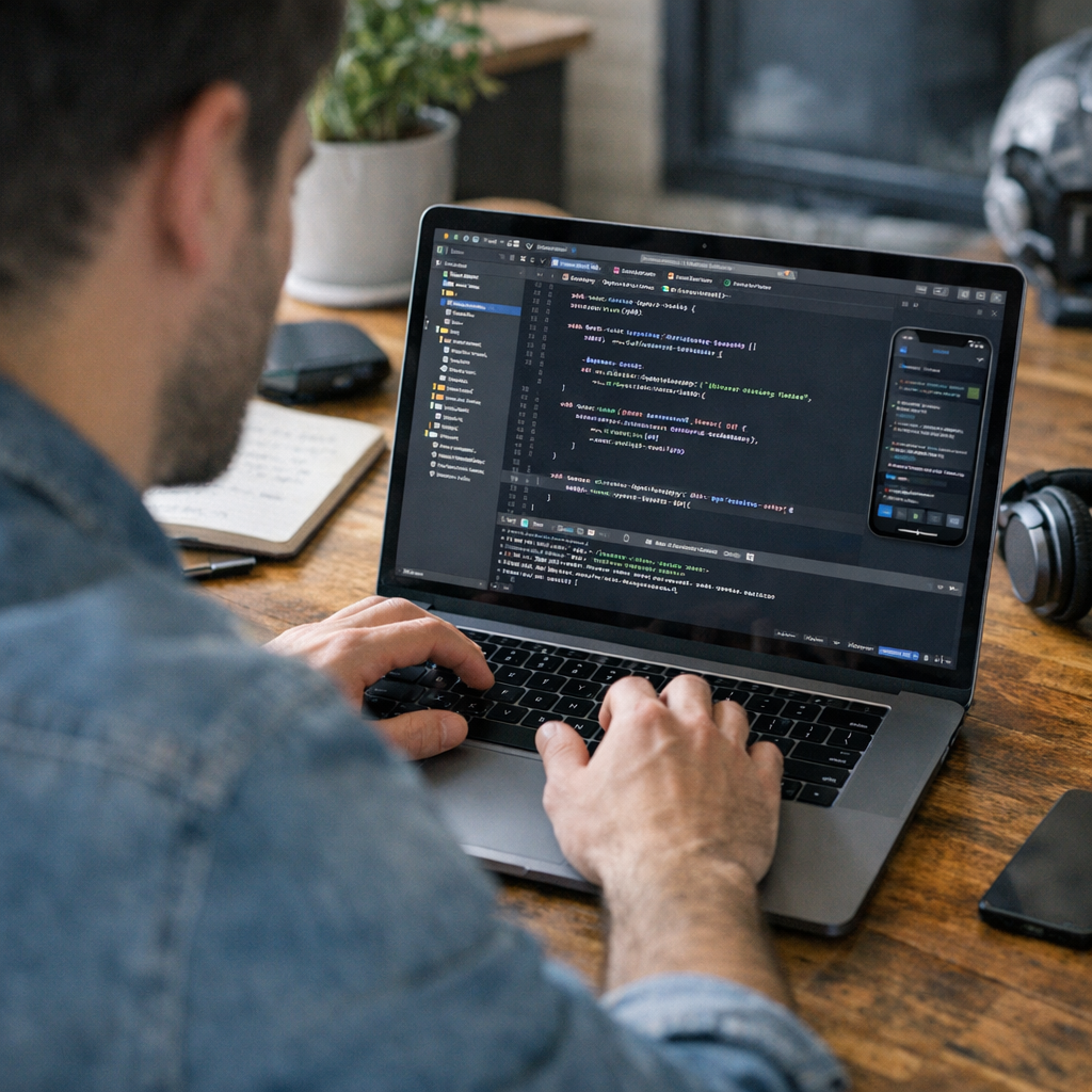 iOS app development on laptop with code on screen