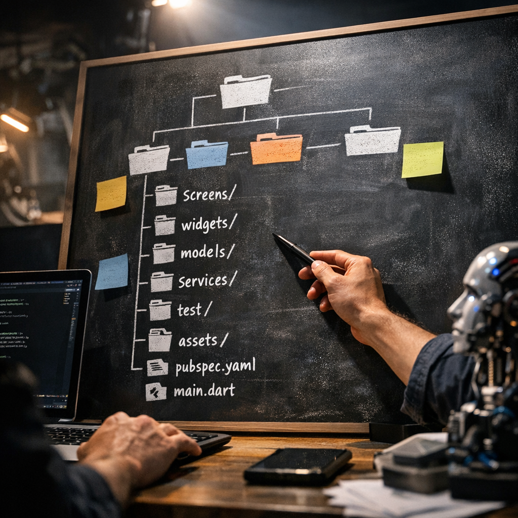 diagram of Flutter project structure showing essential folders and files