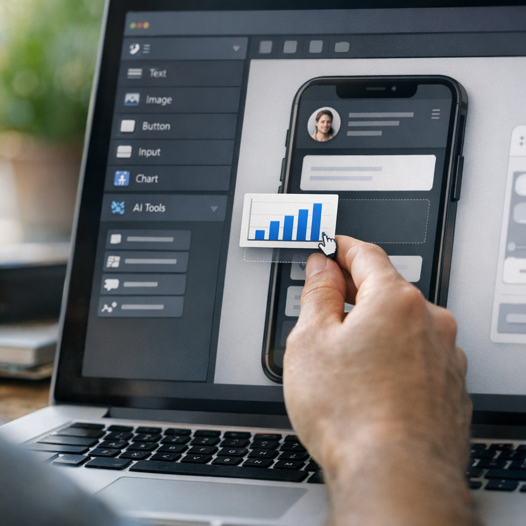 user interface of no-code app builder displaying drag-and-drop features