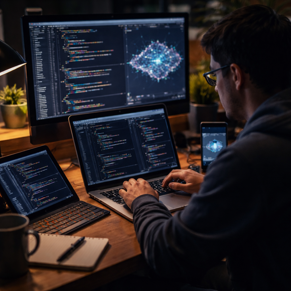 developer utilizing native application development tools on multiple devices