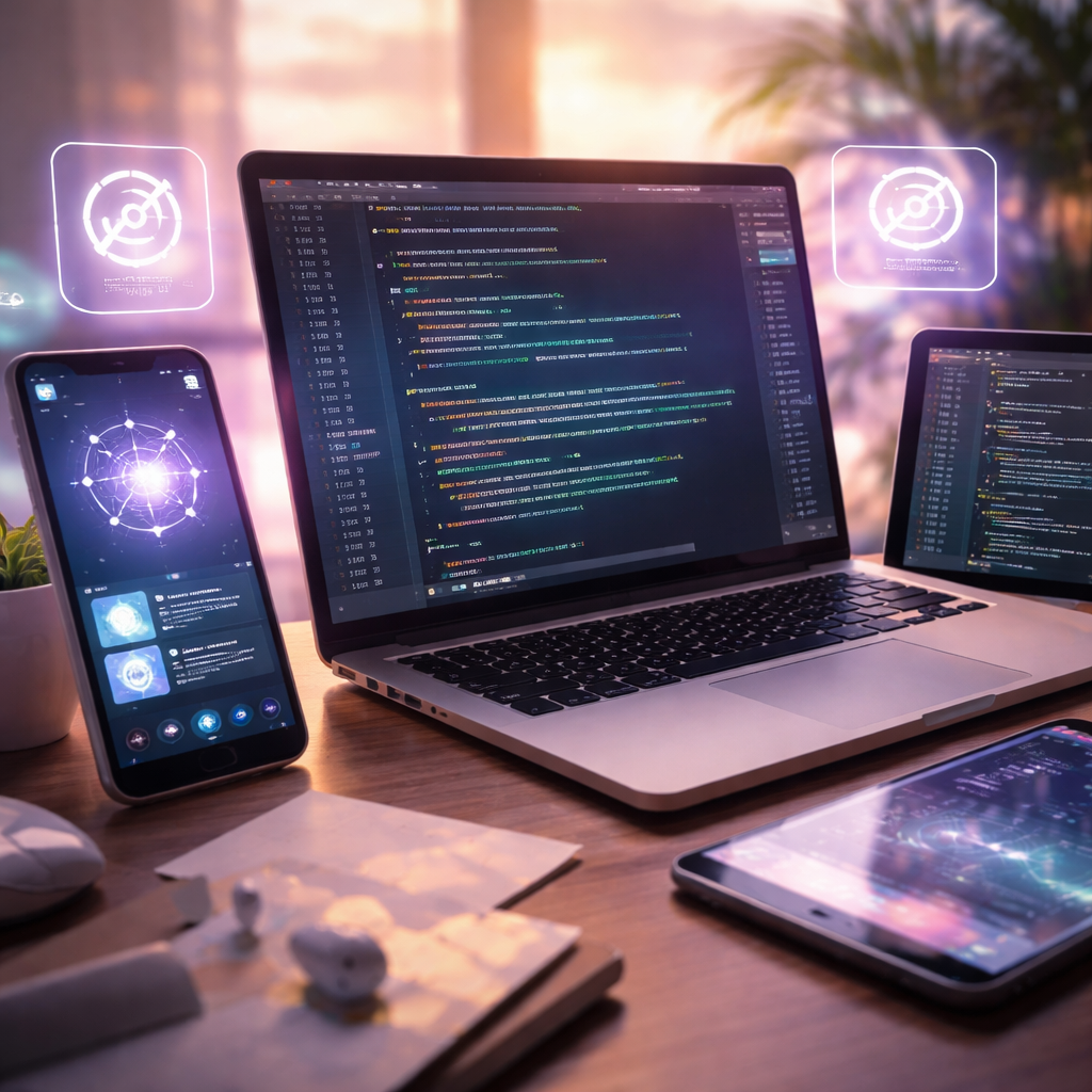 hybrid app development concept illustrated with code and devices