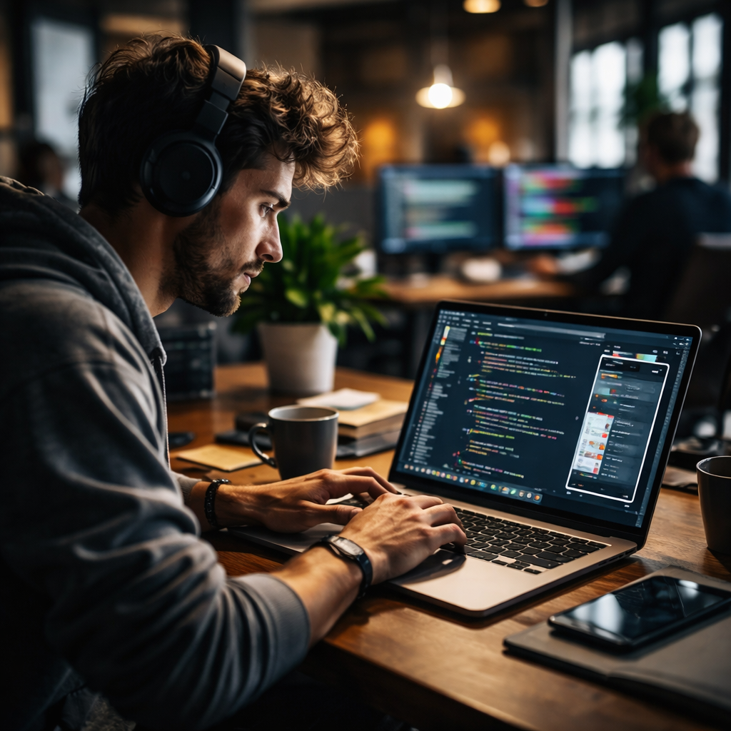 developer debugging Flutter app on laptop