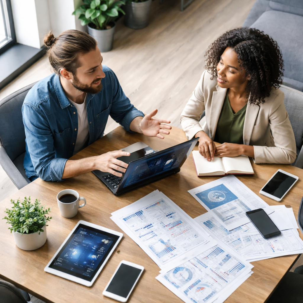 developer discussing app strategy with client in modern office