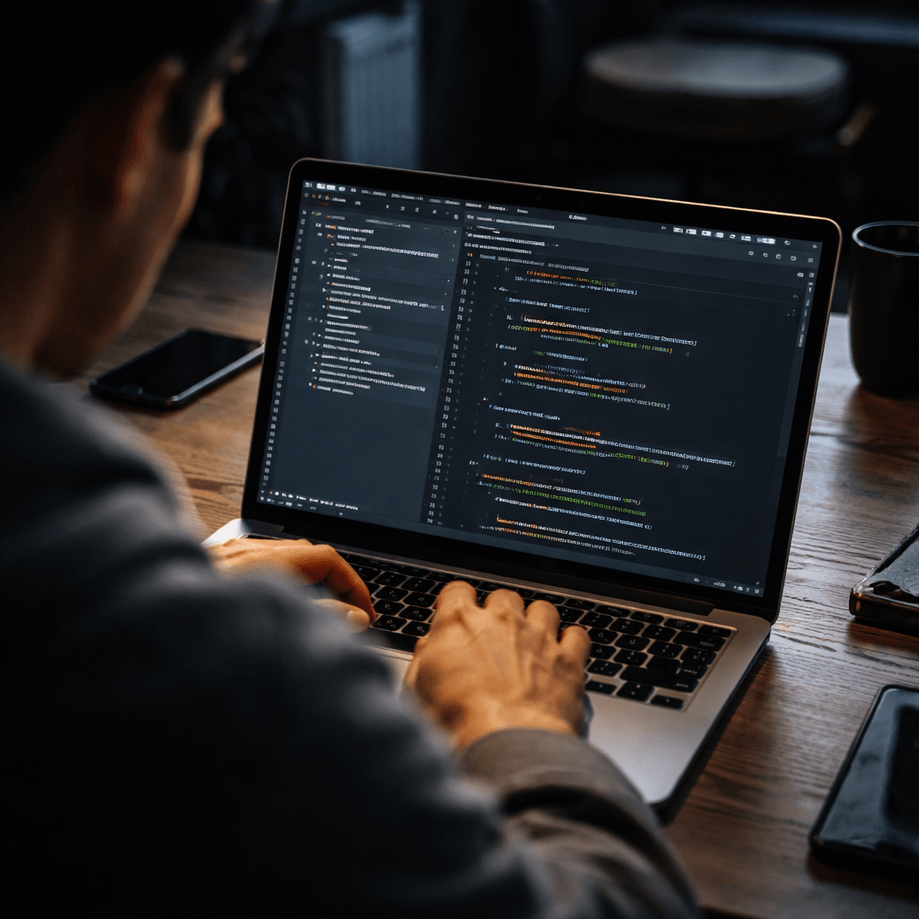 initial Flutter app code structure displayed on a laptop screen